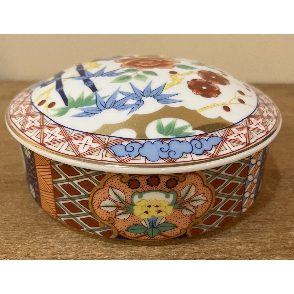 VTG‎ Imari Ware Japan Porcelain Trinket Box Floral Bamboo Lidded Dish Large 6